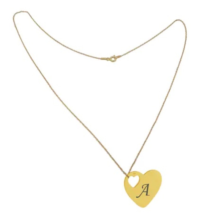 Lant argint 925 placat cu aur de 18k 50 cm si charm inima argint 925 placat cu aur de 24k, gravat litera ta