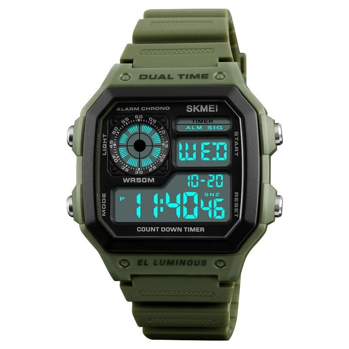 Мъжки часовник Skmei Sport Multifunctional Digital Alarm Casual Army Green