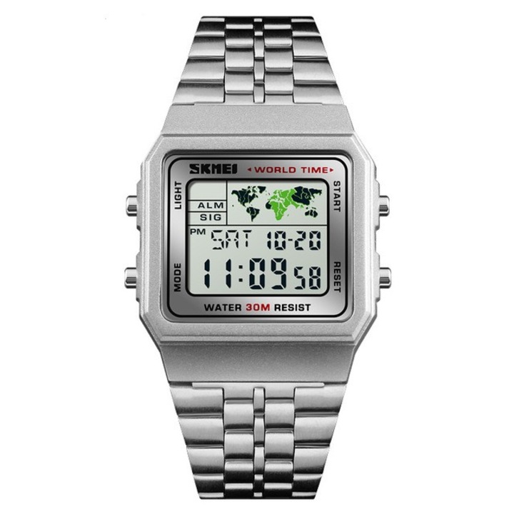 Мъжки часовник Skmei, Модерен, спортен дизайн, Многофункционален, Дигитален, С аларма, Сребрист