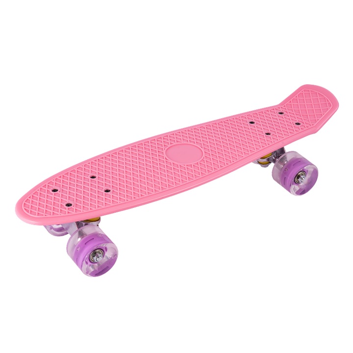 Skateboard roz cu roti luminoase, 56 cm x 15 cm, MalPlay 110183