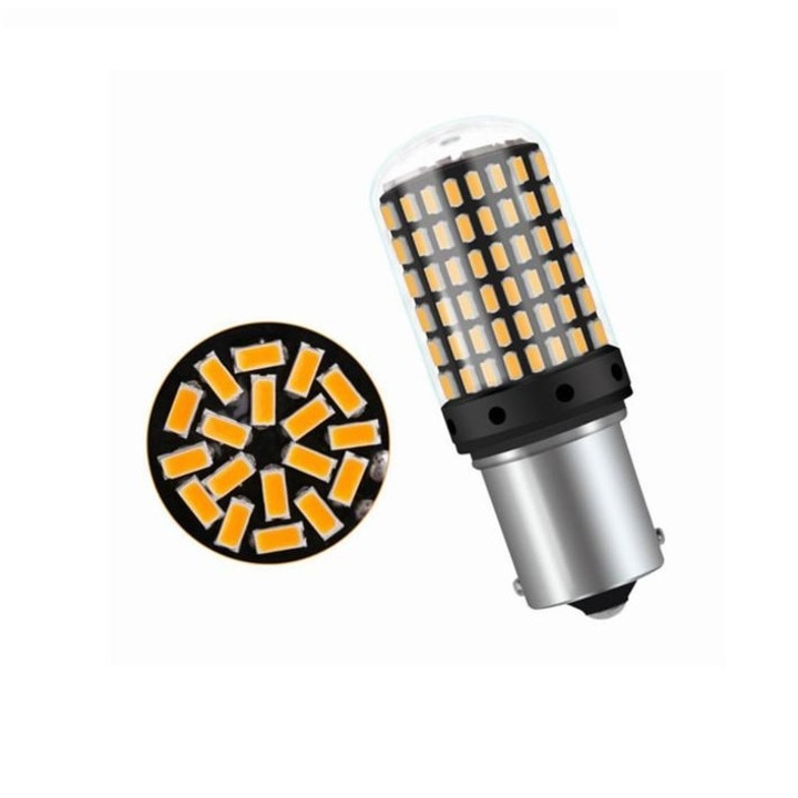 Led auto 1156 BA15S P21W Canbus Portocaliu cu 144 SMD 3014 12V BA15S 144SMD 3014 amber