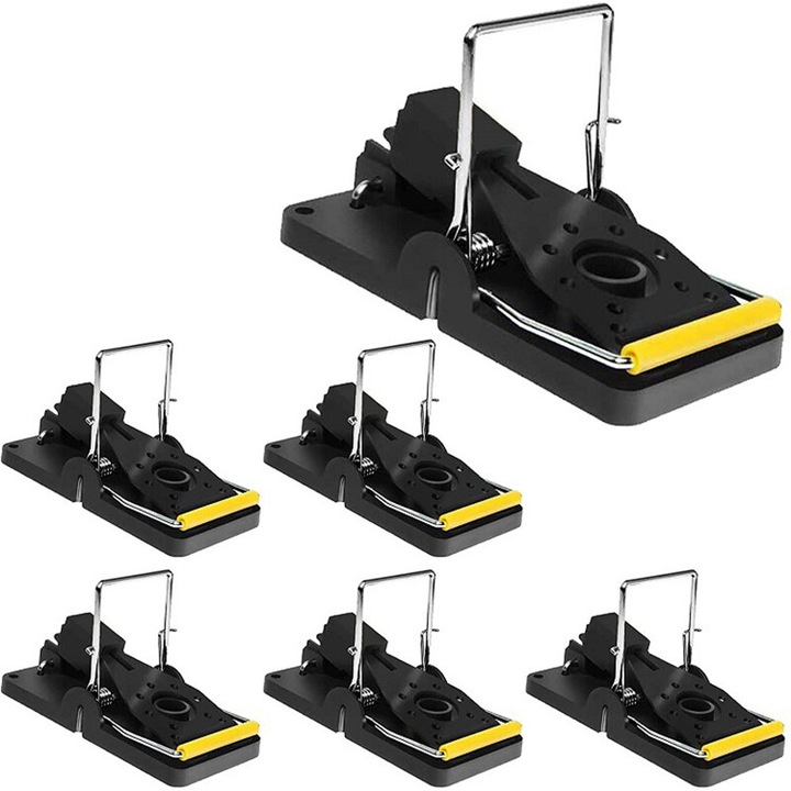 Capcana pentru soareci, Amtok, Pachet de 6, Reutilizabila, Pentru utilizare in interior si in exterior, Material Plastic/Otel inoxidabil, Negru