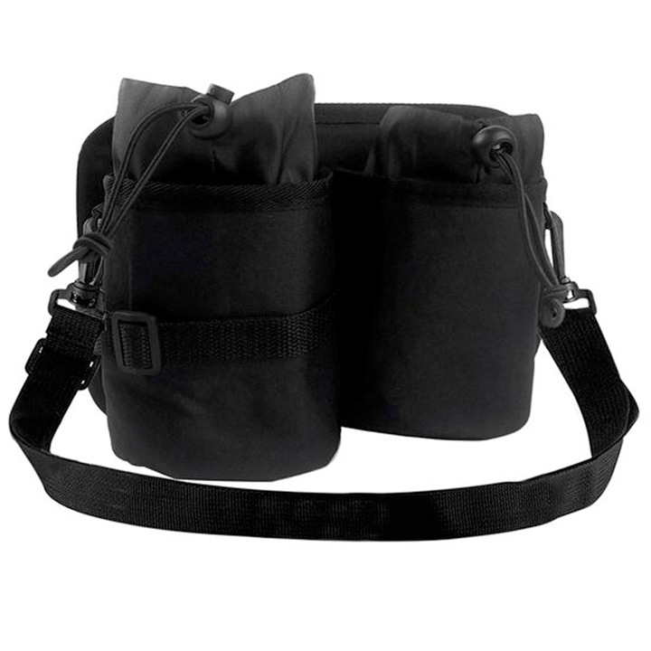 Suport portabil de bagaj pentru sticla si pahar, Quasar & Co.®, 2 compartimente termo, buzunar, reglabil, poliester, 25 x 18.5 cm, negru