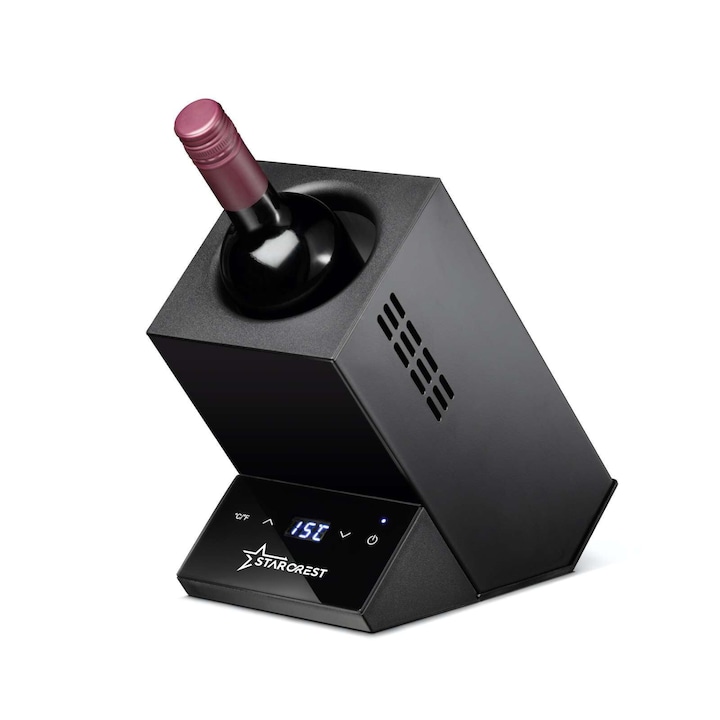 Охладител за вино STARCREST SWN-1BT, капацитет 1 бутилка, регулируема температура 5-15°C, LED дисплей, сензорно управление, стомана, черен