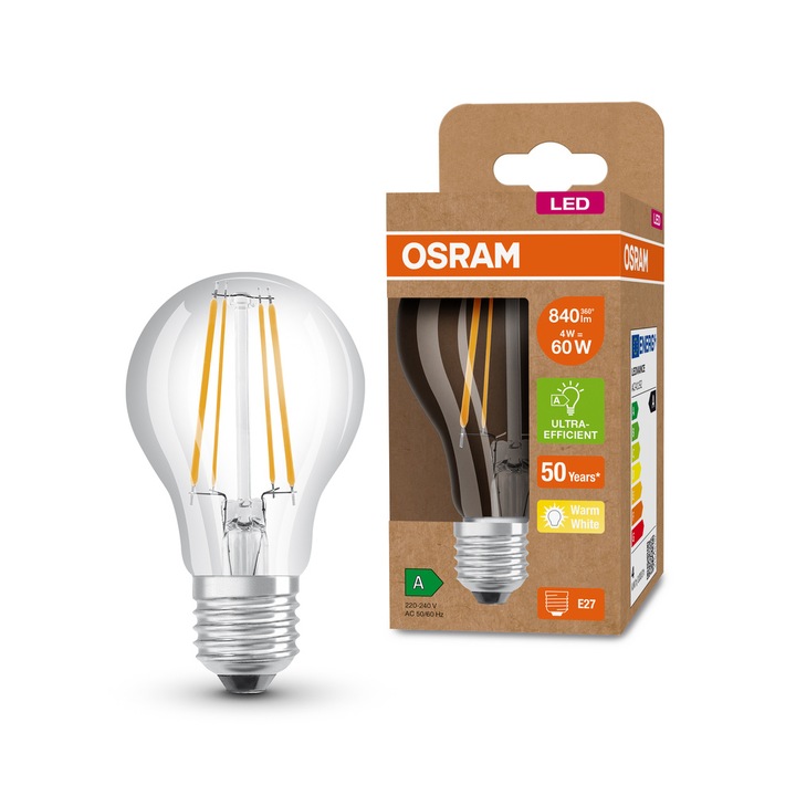 LED крушка с филамент Osram A60, E27, 4W (60W), 840 lm, Топла светлина (3000K), Енергиен клас А