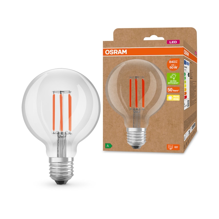 LED крушка с филамент Osram G950, 4W (60W), 840 lm, Топла светлина (3000K), Енергиен клас А