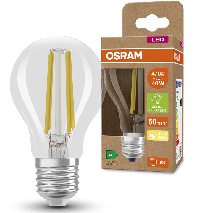 Bec LED filament Osram A40, E27, 2.5W (40W), 525lm, lumina calda (3000K), clasa energetica A