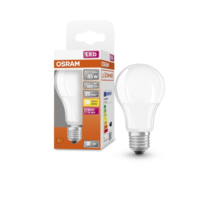 Bec LED Osram A45, E27, 12-36V AC/DC, 6.5W, 600lm, lumina calda (2700K), clasa energetica F