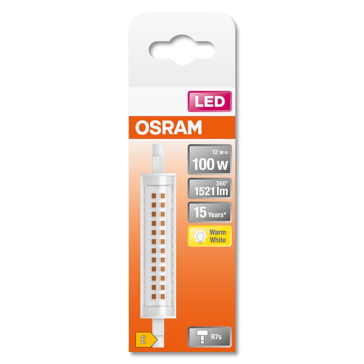 Bec LED Osram, R7s, dimabil, 12W (100W), 1521 lm, 118 mm, lumina calda (2700K), clasa energetica E