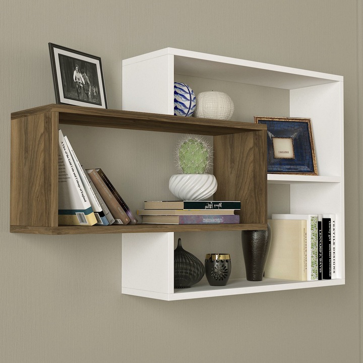 Etajera de Perete, UnicUtil, 104 x 22 x 66 cm, 3 Rafturi pentru Depozitare, Finisaj Melaminat, Montare pe Perete, Suporta Pana la 10 kg, Ideala pentru Bucatarie, Living, Dormitor, Baie sau Hol, Design Modern, Neasamblata, Culoare Alb si Maro