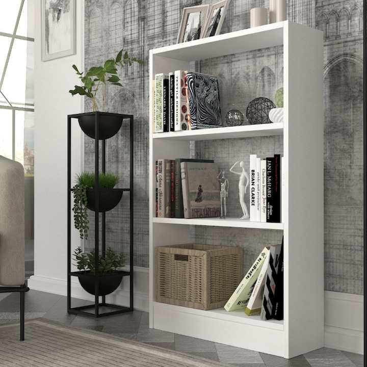 Biblioteca UnicUtil, 60 x 100 x 19.5 cm, PAL Melaminat, 1 Dulap, 4 Rafturi, 1 Sertar, Design Modular, Ideala pentru Organizarea Cartilor si Obiectelor Decorative, Finisaj Lucios, Montaj Simplu, Durabila si Usor de Asamblat, Alb