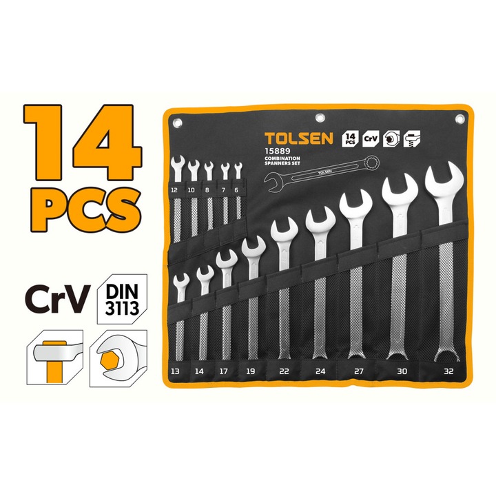 Set 14 chei combinate TOLSEN, Cr-V, 6–32 mm, Standard DIN3110, Cromate cu finisaj mat, Durabile si precise, Pentru mecanica, intretinere si uz profesional