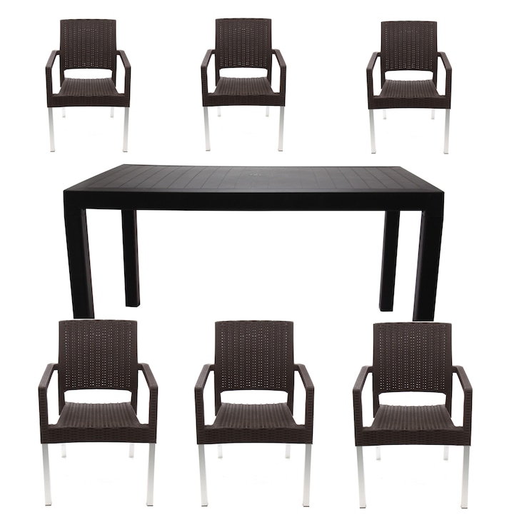 Set masa cu 6 scaune cu picioare metalice, pentru terasa sau gradina, IdealStore, premium, 140x80x75 cm, masa dreptunghiulara cu orificiu umbrela, scaune cu model ratan, rezistent UV, apa, umezeala, inghet, temperaturi mari, usor de depozitat