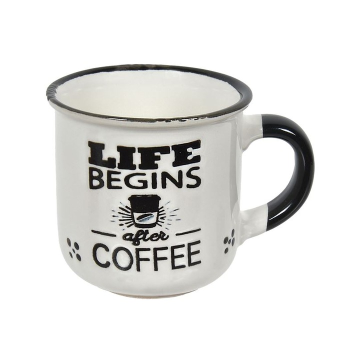 Чаша, За кафе, Щампа, Дръжка, Керамика, 6,5х6,5 см, 130 мл, Бял/Черен