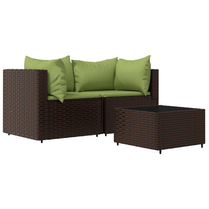 Set lounge de gradina, VidaXL, 3 buc, Ratan sintetic, Cu perne, Maro inchis/Verde