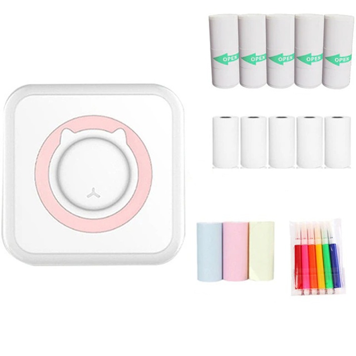Mini hőnyomtató készlet, Zggzerg, 6 színes tollal és 13 papírtekerccsel 57x25mm, Bluetooth, iOS/Android kompatibilis, APP nyomtatás, hordozható, fehér/rózsaszín