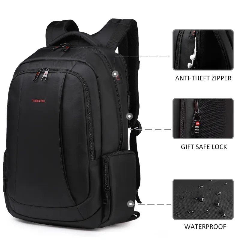 Rucsac laptop 15.6" smart casual, impermeabil, cu orificiu pentru cabluri audio si port USB, Tigernu, 33x17x49 cm, Negru