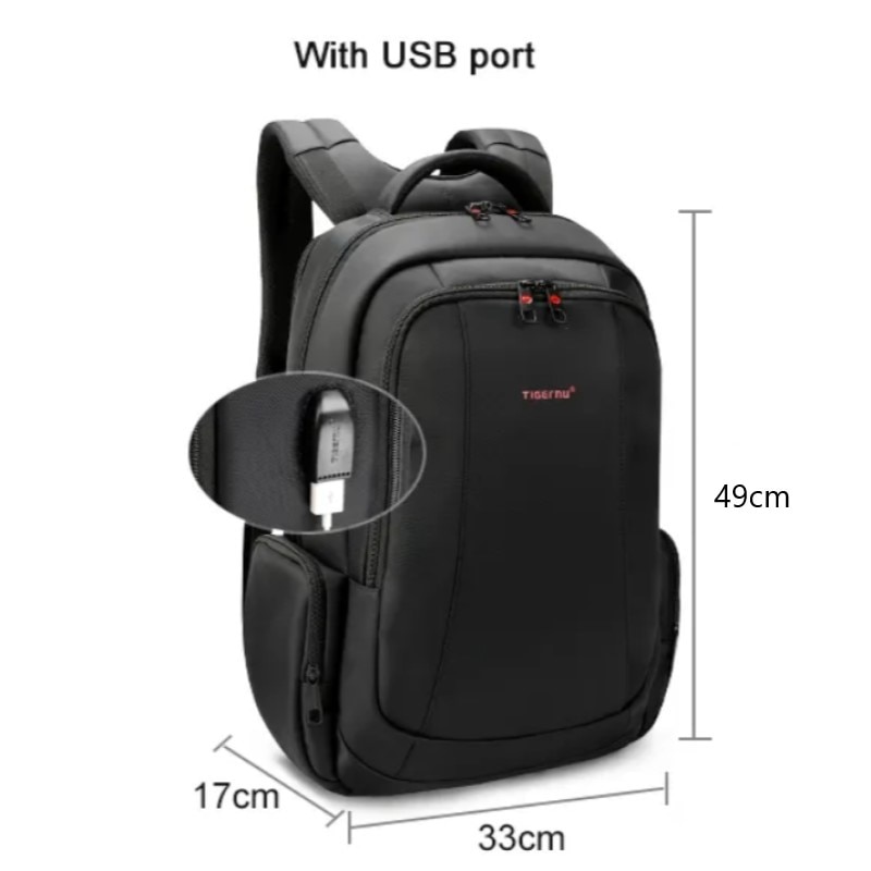 Rucsac laptop 15.6" smart casual, impermeabil, cu orificiu pentru cabluri audio si port USB, Tigernu, 33x17x49 cm, Negru