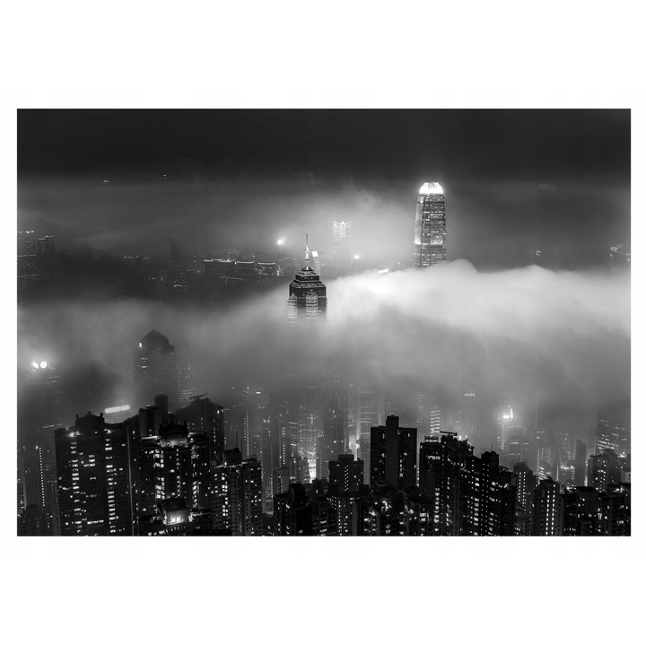 Fototapet Orasul pe timp de noapte Alb si negru 416x254 cm, Vlies Tapet, Decorativ, Perete, Living