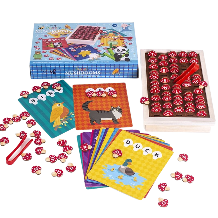 Puzzle Mushrooms 90 de piese alfabet, 16 planse pentru asociere litere/cuvinte, + 3 ani