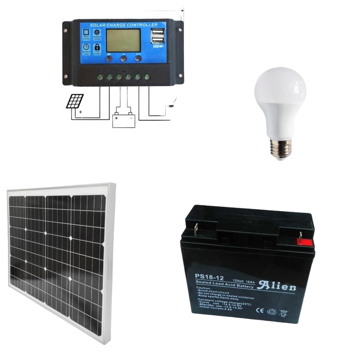 Соларен комплект с фотоволтаичен панел 50W Контролер 30A, крушка и акумулатор 18Ah
