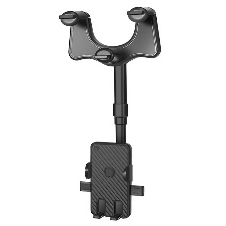Suport auto Flippy cu atasare la oglinda retrovizoare, rotativ 360 de grade si retractabil, multifunctional, compatibil cu toate telefoanele mobile, Finisaj Carbon, Negru