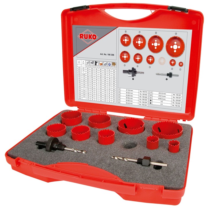 Set 9 carote HSS bimetal cu burghiu, RUKO, 19-64 mm, A2 si A4, 11 piese