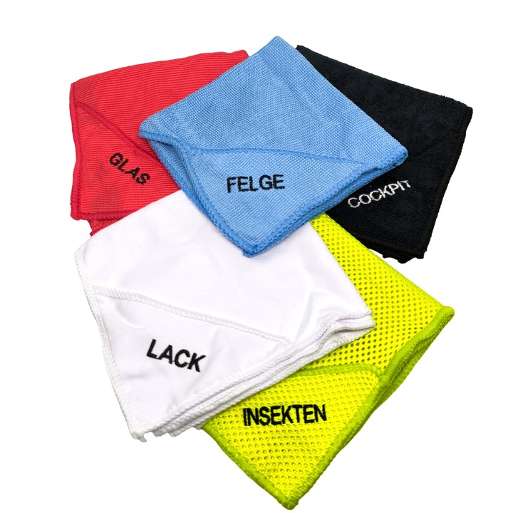 Set 5 Lavete cu Microfibre, Curatate si Intretinere Auto, pentru Bord, Geamuri, Insecte, Jante si Caroserie