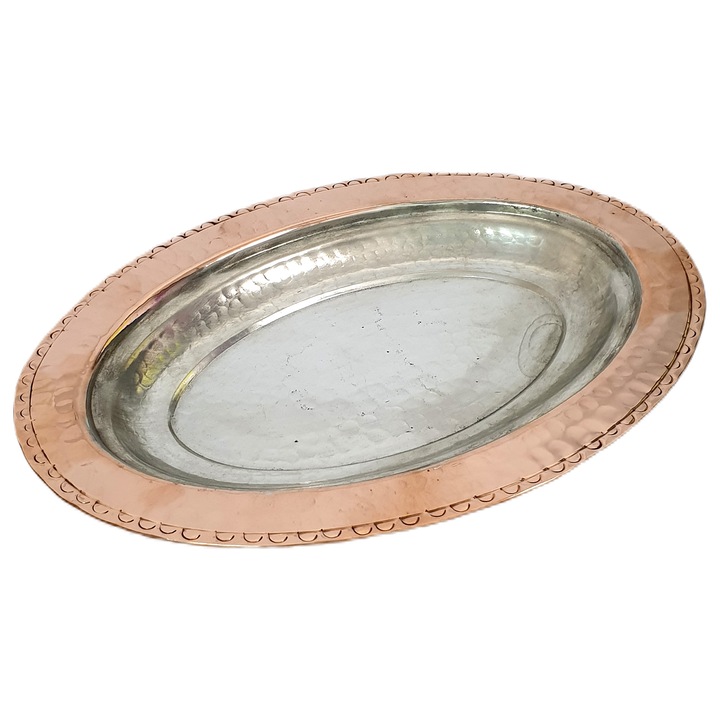 Tava ovala din cupru si cupru alb lucrata manual diametru 30 cm