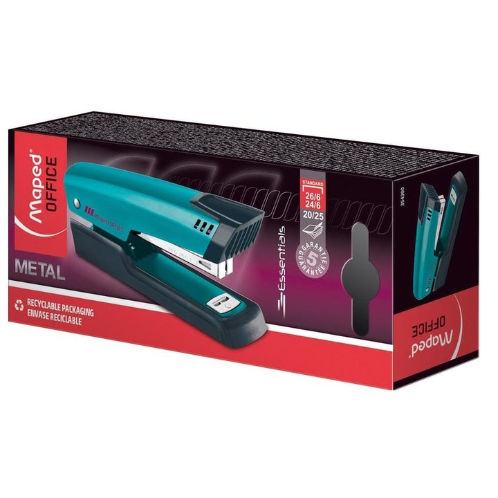 Maped Essentials Metal Félszalag tűzőgép, türkiz, 25 lap, kapcsok 24/6