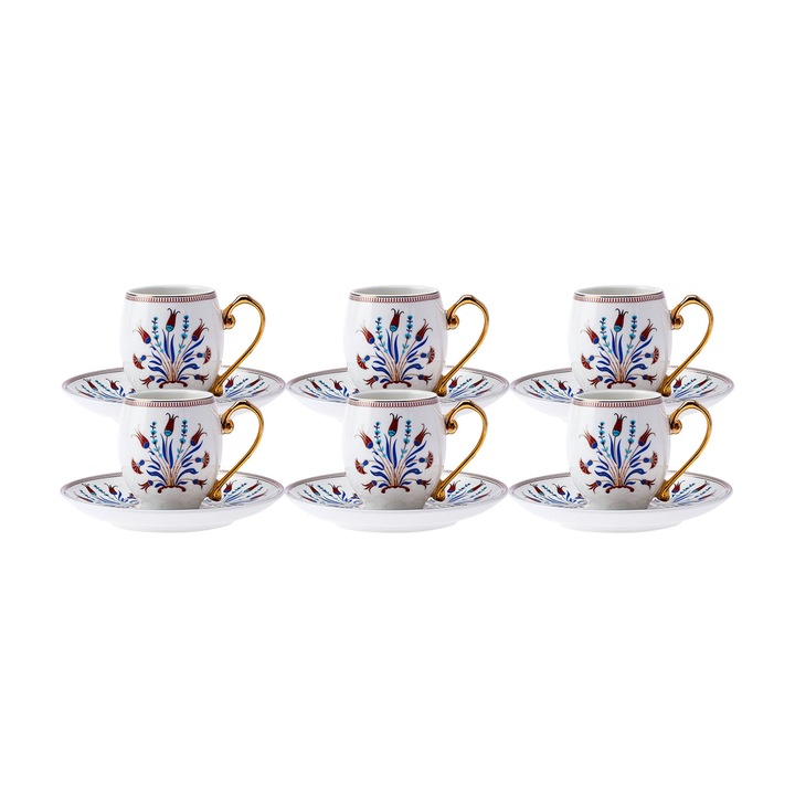 Комплект 6 чаши за кафе Karaca, Finike Porcelain, Бяло/Многоцветно 90 мл