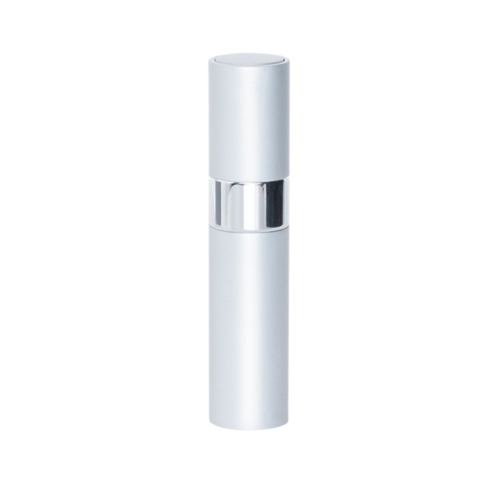 Kozmetikai tartály DROPY® spray típusú porlasztóval, illóolajokhoz vagy parfümökhöz, 8 ml-es csavaró mechanizmus, ezüst