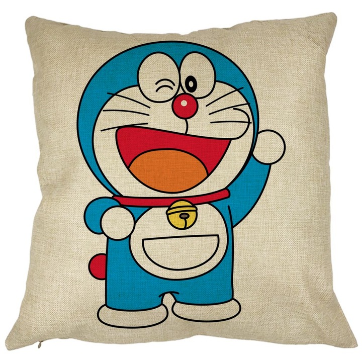 Doraemon Gyermek négyzet alakú dekoratív párna, 40x40 cm, levehető huzat, fújtató