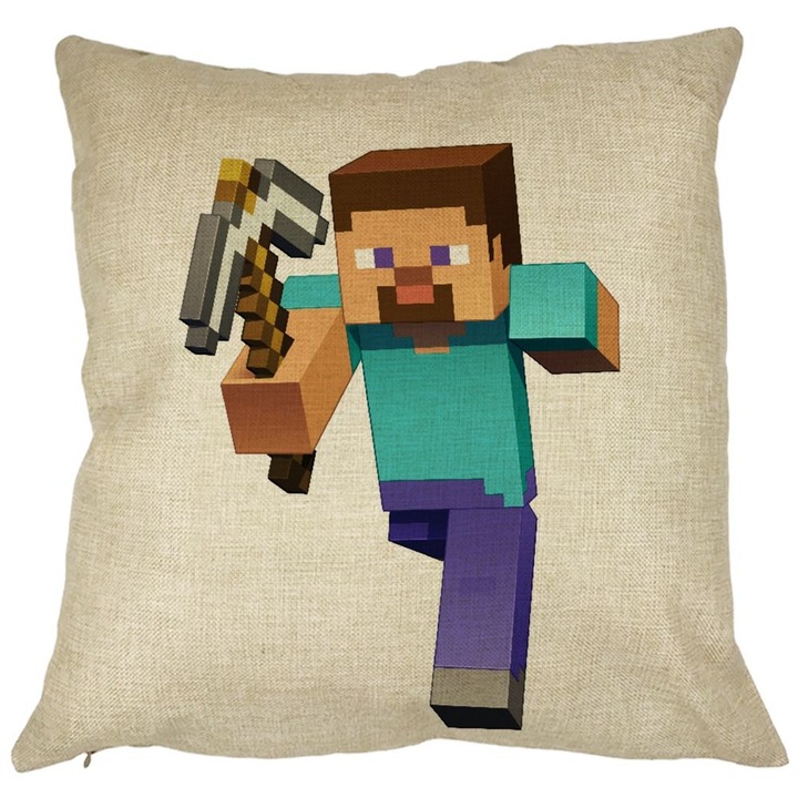 Négyzet alakú dekoratív párna Minecraft Mining Steve 8 bites, 40x40 cm, levehető huzat, fújtató