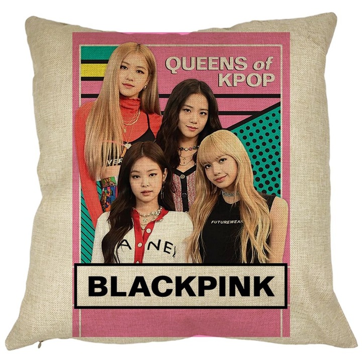 Blackpink K-POP négyzet alakú díszpárna, 40x40 cm, levehető huzat, fújtató