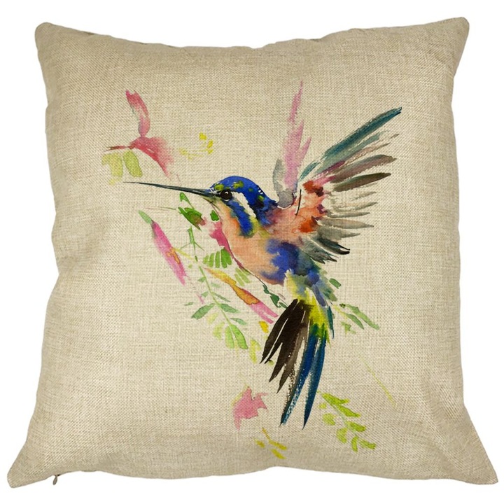 Akvarell Birds négyzet alakú díszpárna, 40x40 cm, levehető huzat, fújtató