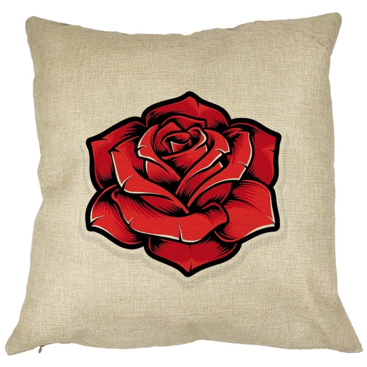 Négyzet alakú díszpárna vörös rózsával, 40x40 cm, levehető huzat, fújtató