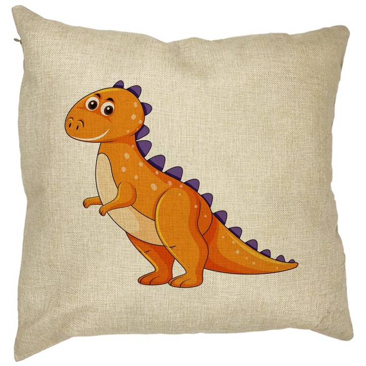 Narancssárga dinoszaurusz szögletes gyermek díszpárna, 40x40 cm, levehető huzat, fújtató