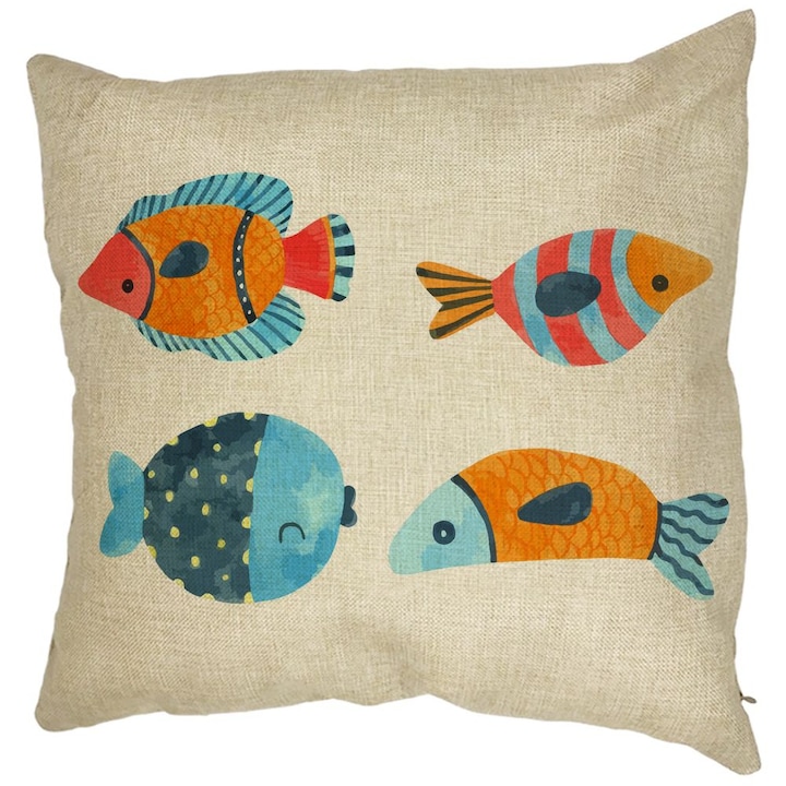 Négyzet alakú díszpárna többszínű hal, 40x40 cm, levehető huzat