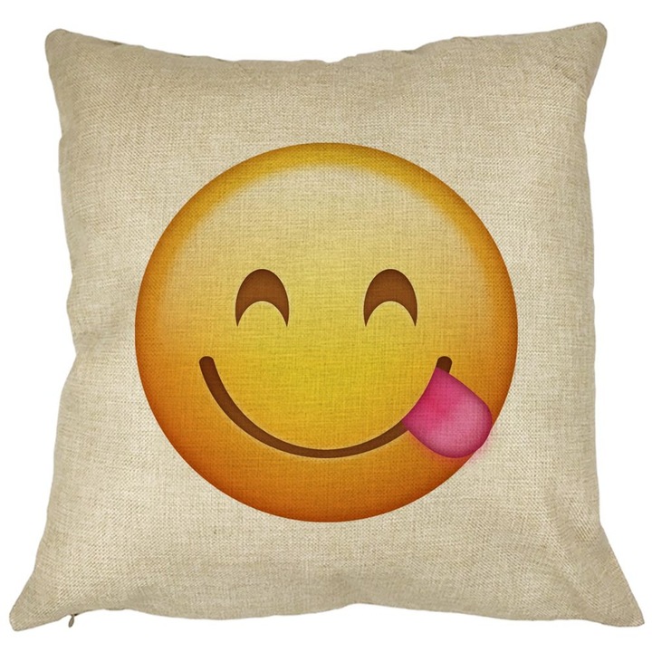 Perna Decorativa Patrata Emoji cu Limba, 40x40 cm, Husa Detasabila, Burduf