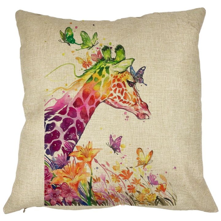 Многоцветна квадратна декоративна възглавница жираф, 40x40 см, подвижна калъфка, духало