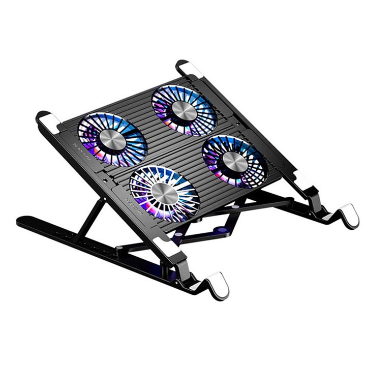 Cooler laptop, cu 4 ventilatoare, Iluminare RGB, disiparea caldurii, Non-Alunecos, NAXSIR, 7 trepte de reglare a inaltimii, pliabil, plastic, negru