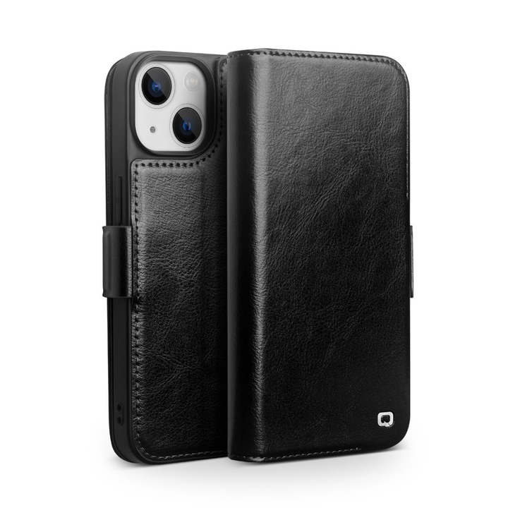 Husa pentru iPhone 13, Qialino Magnetic Classic Wallet, din piele naturala fina, inchidere sigura magnetica, tip carte, cu buzunare carduri si bani, culoare Negru