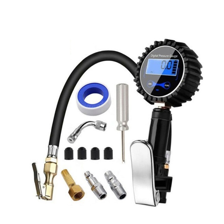 Set 10 manometre digitale pentru presiune anvelope, Metal, 200PSI, Afisaj LCD, Pentru masina/camion/motocicleta, Negru