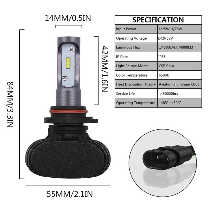 Set 2 leduri HB4 / 9006 CSP Canbus pentru far auto, putere 25W, luminozitate 4000 Lm, 12V-24V S1-HB4(9006)