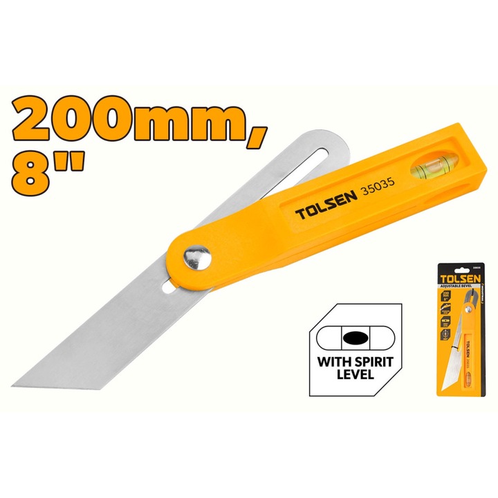 Vinclu reglabil TOLSEN 200mm (8"), din otel inoxidabil 2Cr13, cu bula pentru nivela integrata, ideal pentru trasari, masuratori si unghiuri precise in atelier si lucrari de tamplarie