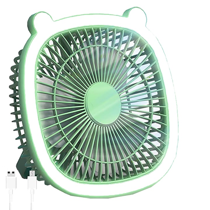USB настолен вентилатор със светлина, 3 регулируеми скорости, въртене на 180°, зелен