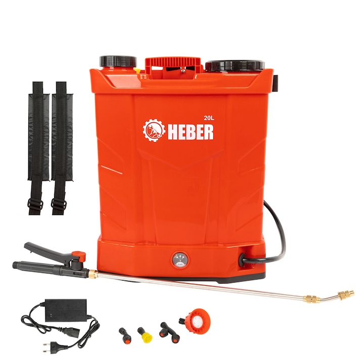 Електрическа пръскачка Heber, Регулатор на налягането, 6 бара, С батерия, Включени 5 дюзи, 20 литра