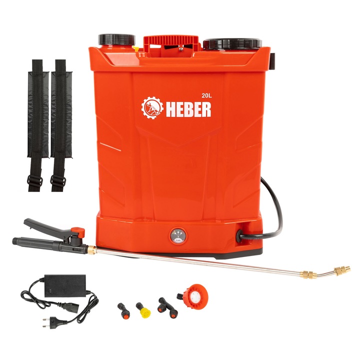 Pompa de stropit electrica Heber®, 20 litri, acumulator, regulator de presiune, lance inox, 100 cm extensibila, 6 Bar, sita filtrare, 5 duze incluse, Rosu