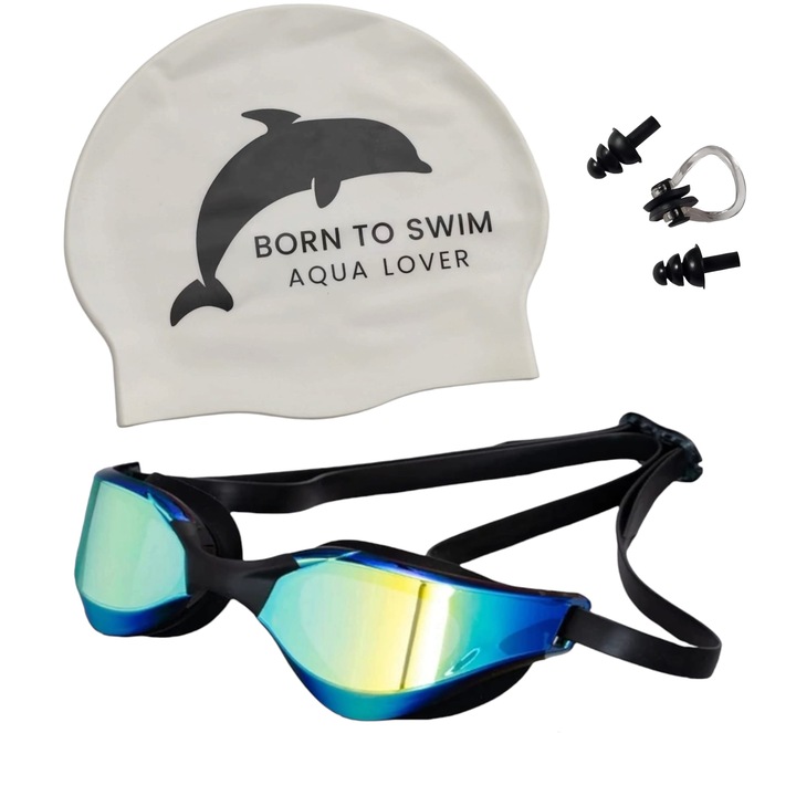 Комплект професионални очила за плуване, бяла каска, щипка за нос и тапи за уши, универсален размер, унисекс, черни
